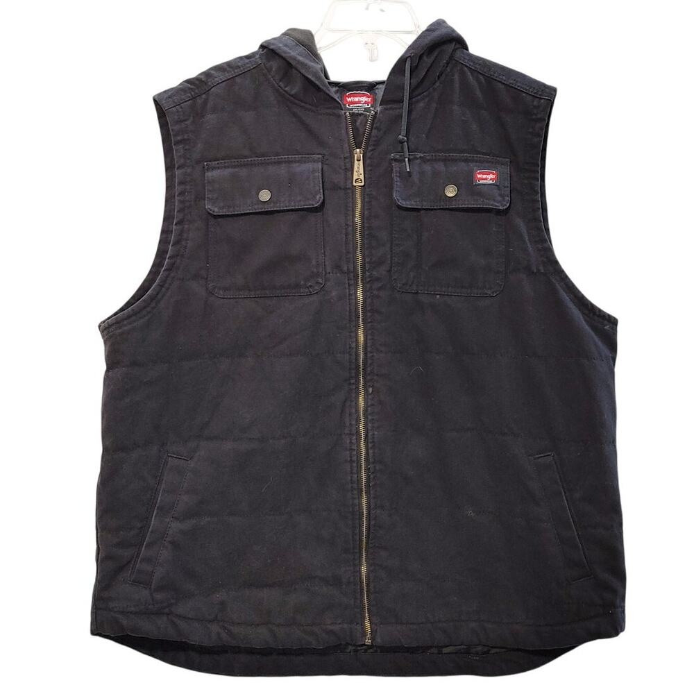 Wrangler Workwear Full Zip Denim Vest Jacket Hooded Pockets Black Mens 2XL